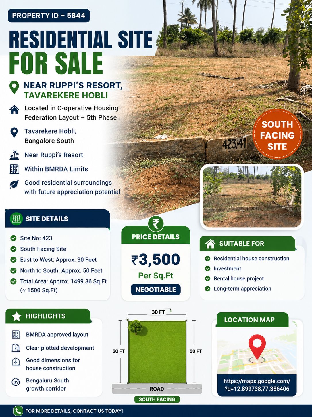 🆔 PROPERTY ID – 5844 🏡 Residential Site for Sale – Near Ruppi’s Resort, Tavarekere Hobli